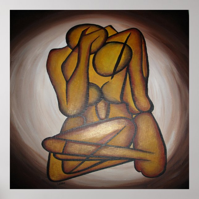 Abstract Lovers Contemporary Art In Ocher And Brow Poster (Front)