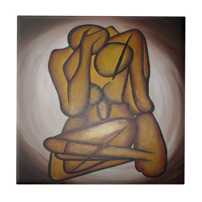 Abstract Lovers Contemporary Art In Ochre And Brow Ceramic Tile (Front)