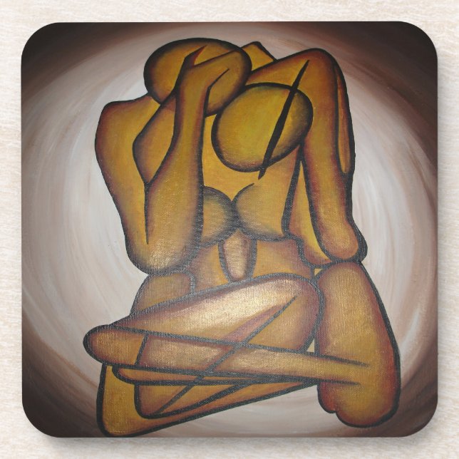 Abstract Lovers Contemporary Art In Ochre And Brow Coaster (Front)
