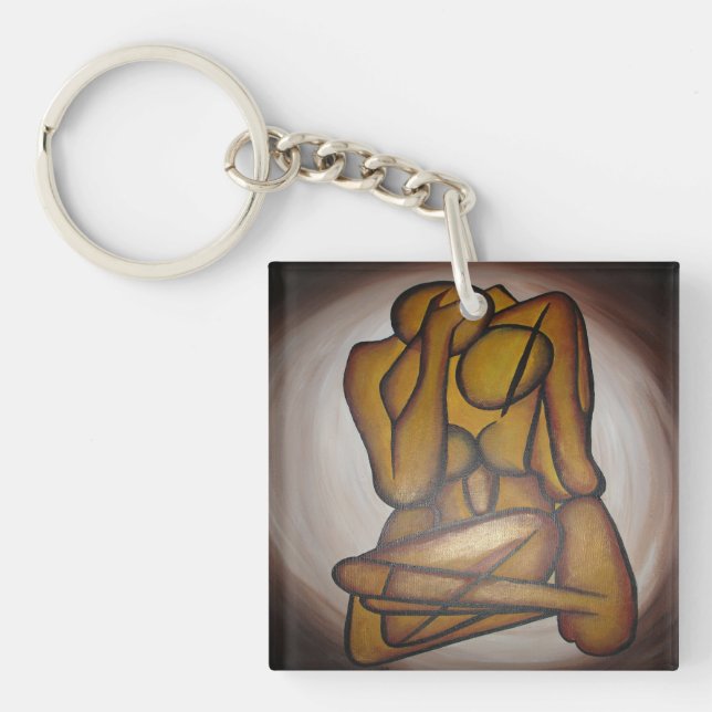 Abstract Lovers Contemporary Art In Ochre And Brow Keychain (Front)