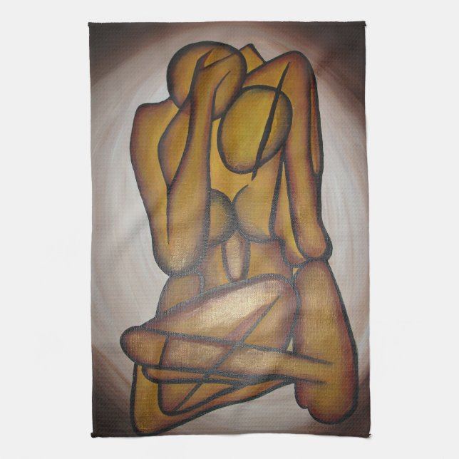 Abstract Lovers Contemporary Art In Ochre And Brow Towel (Vertical)