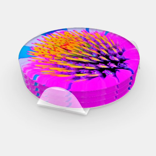 Abstract Macro Hot Pink and Yellow Coneflower Coaster Set
