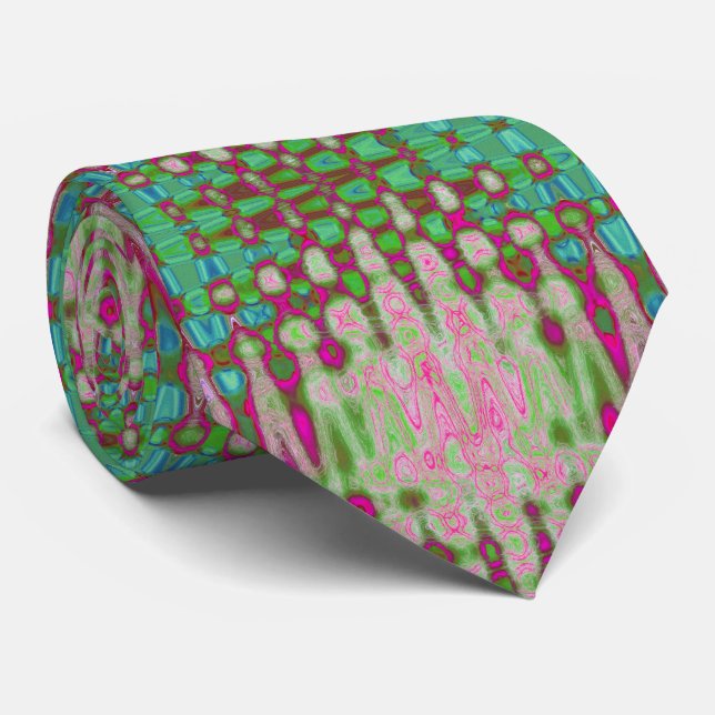 Abstract Magenta and Green Wavy Atomic Clouds Neck Tie (Rolled)