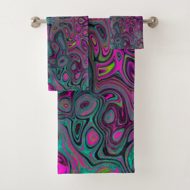 Abstract Magenta and Teal Blue Groovy Pattern Bath Towel Set (Insitu)