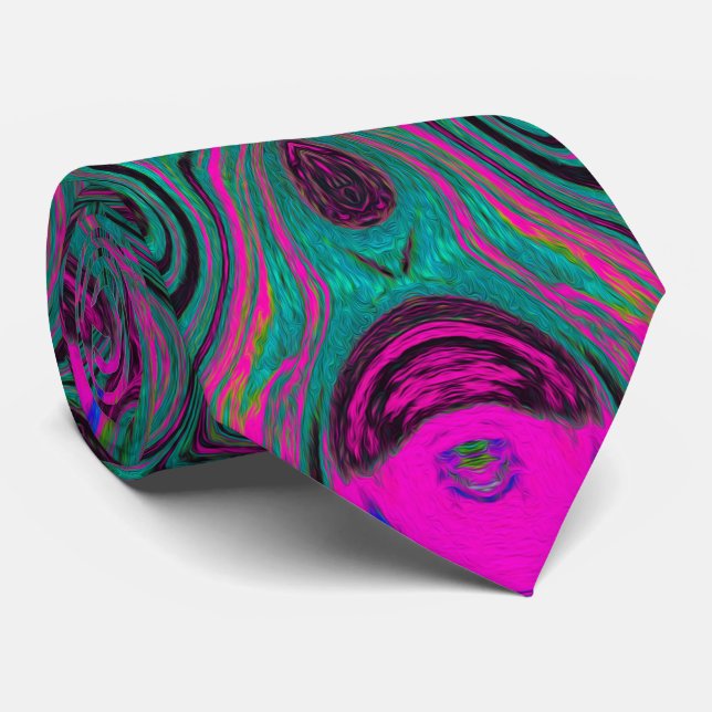 Abstract Magenta and Teal Blue Groovy Pattern Neck Tie (Rolled)