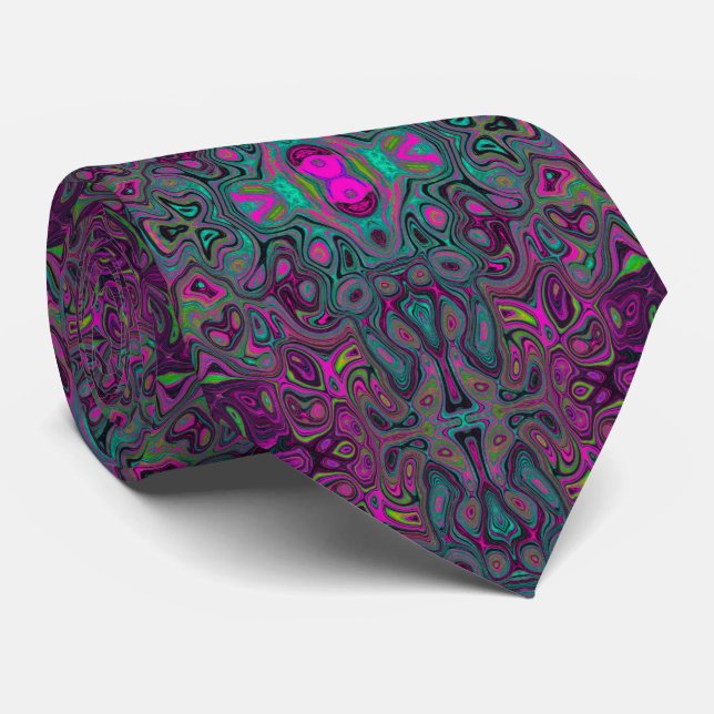 Abstract Magenta and Teal Blue Groovy Pattern Neck Tie (Rolled)