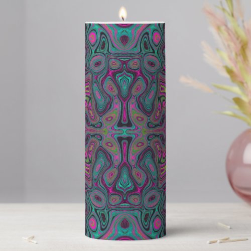 Abstract Magenta and Teal Blue Groovy Pattern Pillar Candle