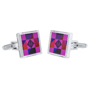 Abstract Magenta Geometric Pattern Monogram Cufflinks