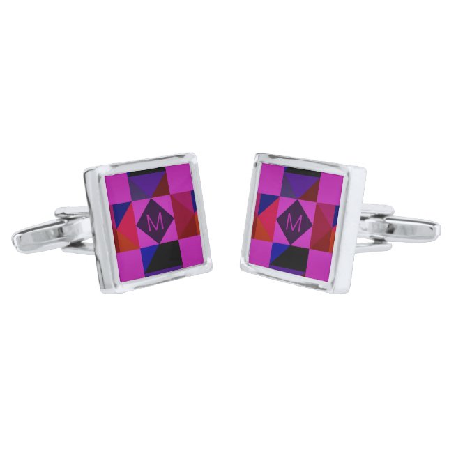 Abstract Magenta Geometric Pattern Monogram Cufflinks (Angled)