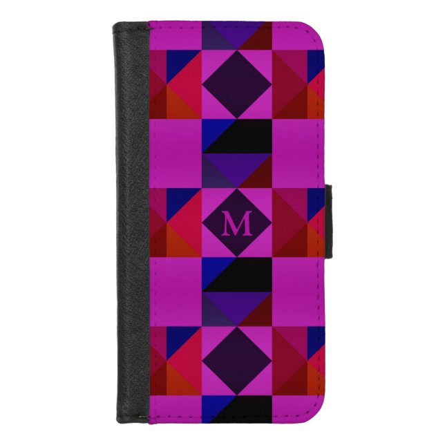 Abstract Magenta Geometric Pattern Monogram iPhone Wallet Case (Front)