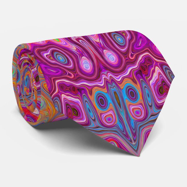Abstract Magenta Pink, Blue and Red Groovy Pattern Neck Tie (Rolled)