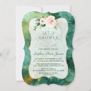 Abstract Malachite Gold Pink Flowers Bridal Shower Invitation