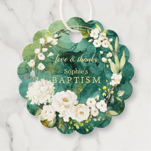 Abstract Malachite Gold White Cream Floral Baptism Favor Tags
