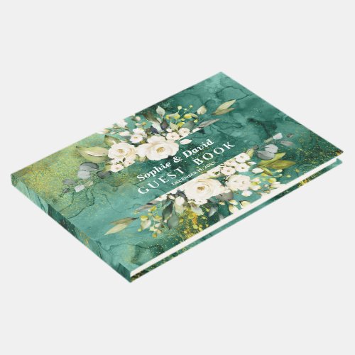 Abstract Malachite Gold White Cream Floral Wedding Guest Book
