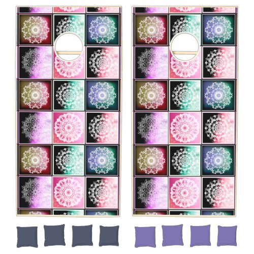 Abstract Mandala Purple Turquoise Blue Green Cornhole Set