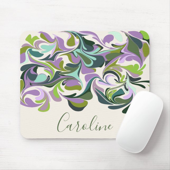 Abstract Marble Art Purple and Green Custom Name Mouse Pad (With Mouse)