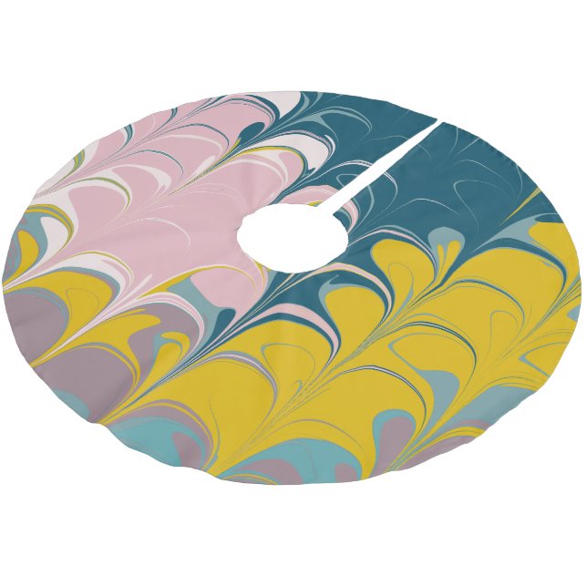 Abstract Marble Modern Ebru Pattern Teal and Pink Brushed Polyester Tree Skirt (Angled)