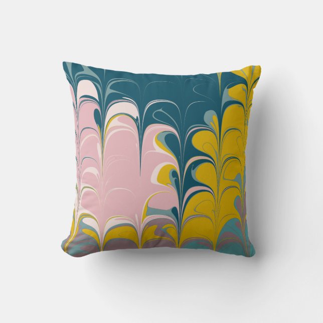 Abstract Marble Modern Ebru Pattern Teal and Pink Throw Pillow (Front)