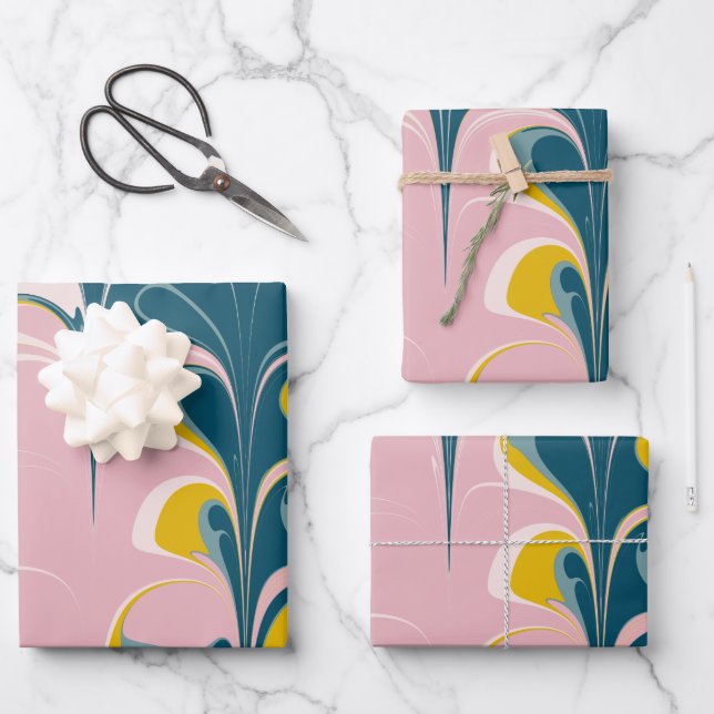 Abstract Marble Modern Ebru Pattern Teal and Pink  Wrapping Paper Sheets (Front)