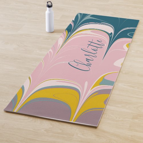 Abstract Marble Modern Ebru Pattern Teal and Pink Yoga Mat