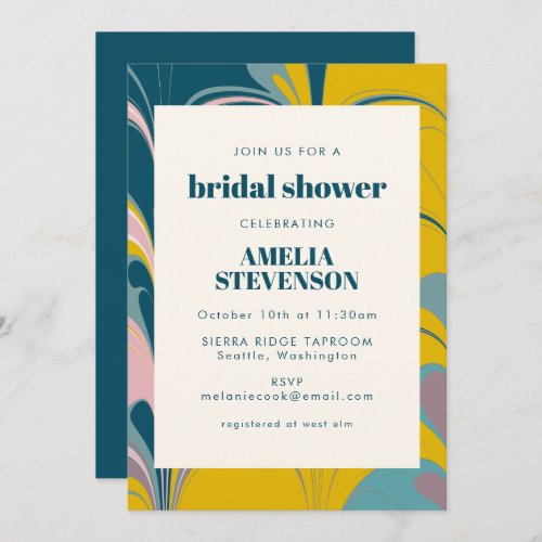 Abstract Marble Modern Teal Yellow Bridal Shower Invitation