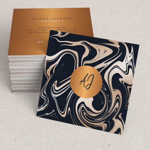 Abstract marble paint rose gold black monogrammed square business card