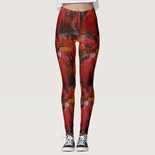 Abstract Marble Repeating Red Charcoal Pattern Leggings