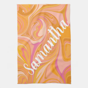 Abstract Marble Swirl Art in Yellow Kitchen Towel
