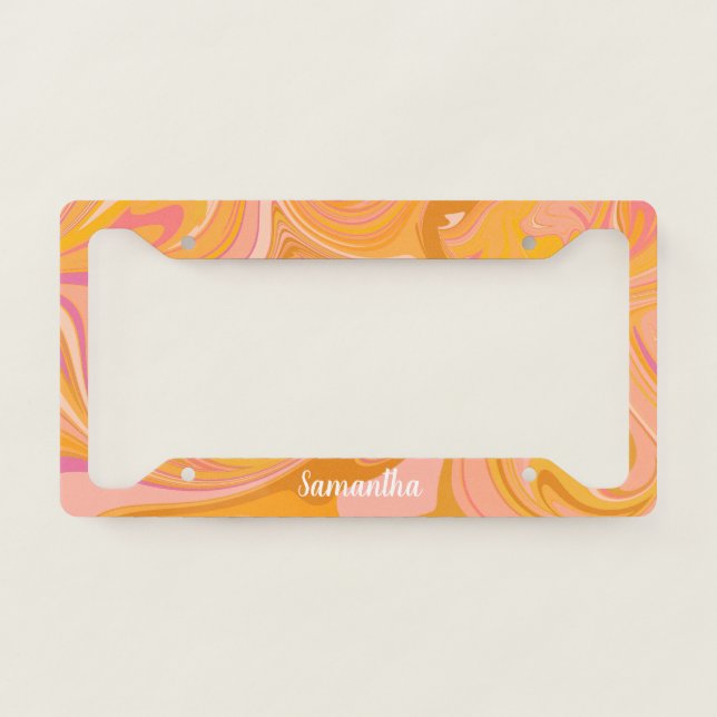 Abstract Marble Swirl Art in Yellow License Plate Frame (Front)