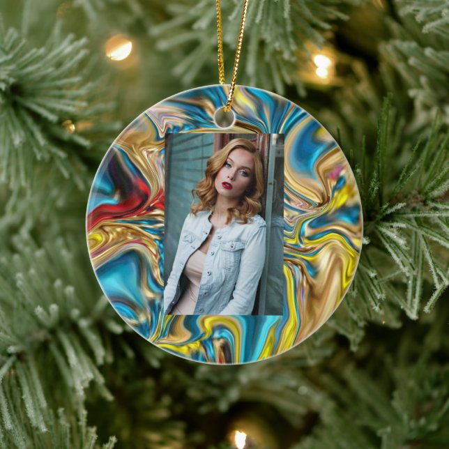 abstract marble swirls yellow teal turquoise blue ceramic ornament (Tree)