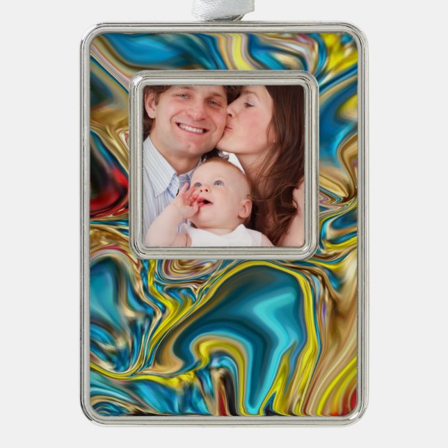 abstract marble swirls yellow teal turquoise blue christmas ornament (Front)