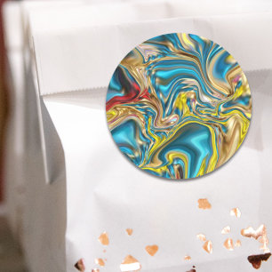 abstract marble swirls yellow teal turquoise blue classic round sticker