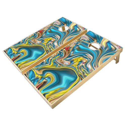 abstract marble swirls yellow teal turquoise blue cornhole set