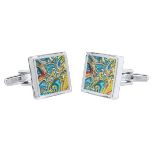 abstract marble swirls yellow teal turquoise blue cufflinks