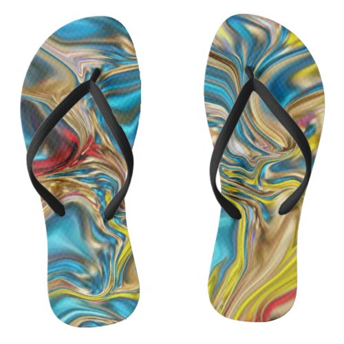 abstract marble swirls yellow teal turquoise blue flip flops