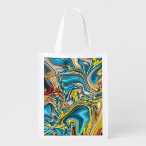 abstract marble swirls yellow teal turquoise blue grocery bag