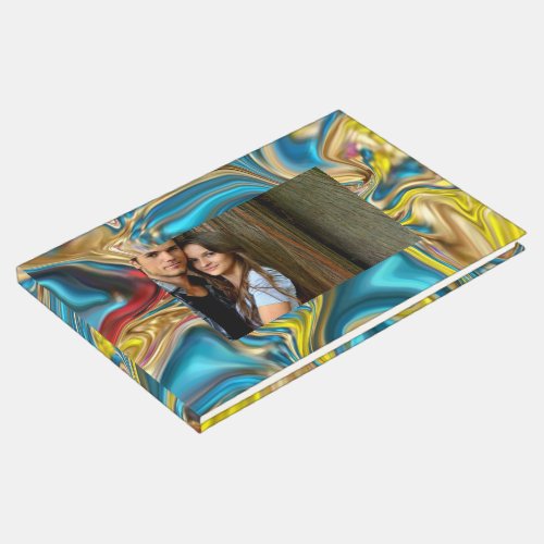 abstract marble swirls yellow teal turquoise blue guest book
