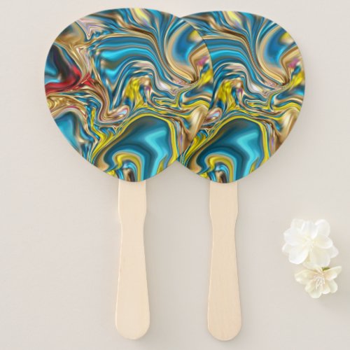 abstract marble swirls yellow teal turquoise blue hand fan