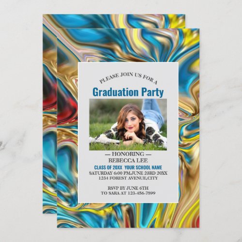 abstract marble swirls yellow teal turquoise blue invitation