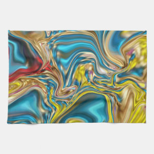 abstract marble swirls yellow teal turquoise blue kitchen towel