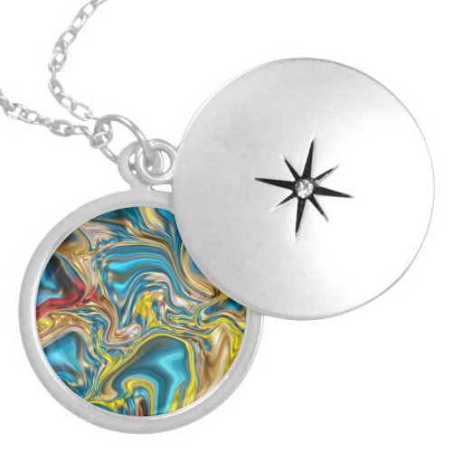abstract marble swirls yellow teal turquoise blue locket necklace