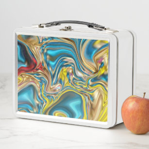 abstract marble swirls yellow teal turquoise blue metal lunch box