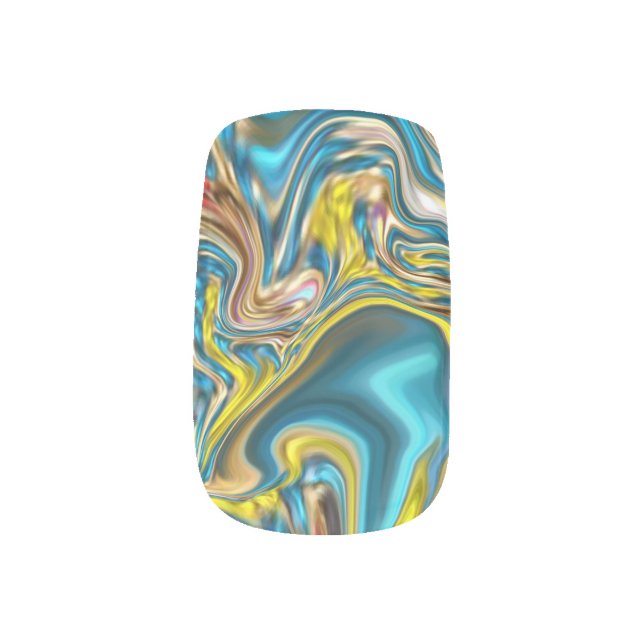 abstract marble swirls yellow teal turquoise blue minx nail art (Left Thumb)