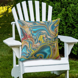 abstract marble swirls yellow teal turquoise blue outdoor pillow
