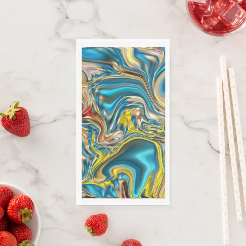 abstract marble swirls yellow teal turquoise blue paper guest towels
