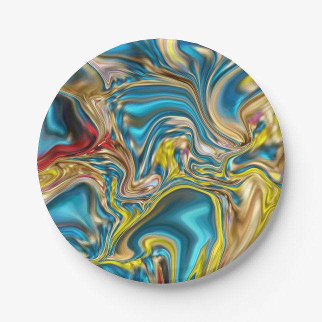 abstract marble swirls yellow teal turquoise blue paper plates (Front)