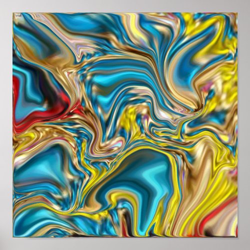 abstract marble swirls yellow teal turquoise blue poster