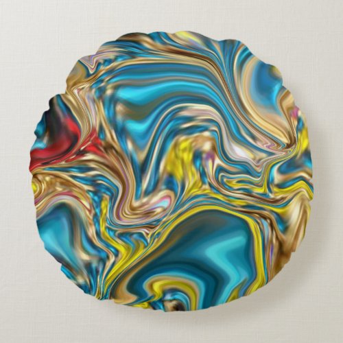 abstract marble swirls yellow teal turquoise blue round pillow