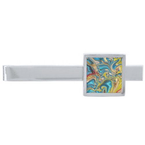 abstract marble swirls yellow teal turquoise blue silver finish tie bar
