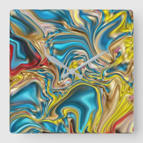 abstract marble swirls yellow teal turquoise blue square wall clock